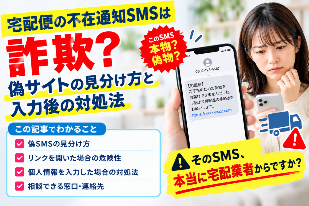 宅配便の不在通知SMSは詐欺？偽サイトの見分け方と入力後の対処法