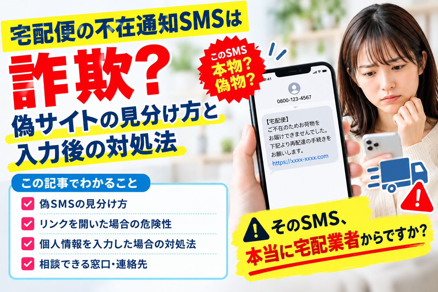 宅配便の不在通知SMSは詐欺？偽サイトの見分け方と入力後の対処法